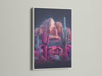 Neon cactus artwork featuring a desert landscape inside a white frame. The artwork showcases a southwestern scene with vibrant pink and teal hues. A great addition to any room. It will elevate your home wall decor with this succulent art.