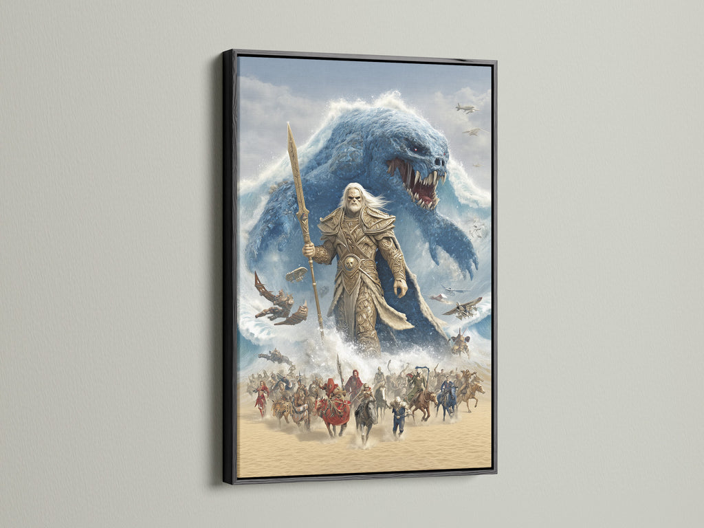 The epic fantasy art print is powerfully displayed in a sleek black frame. The black frame accentuates the dramatic contrast of the battle scene. An ancient warrior faces a monstrous sea creature in this gaming wall art. Perfect for creating a bold statement in your home decor.