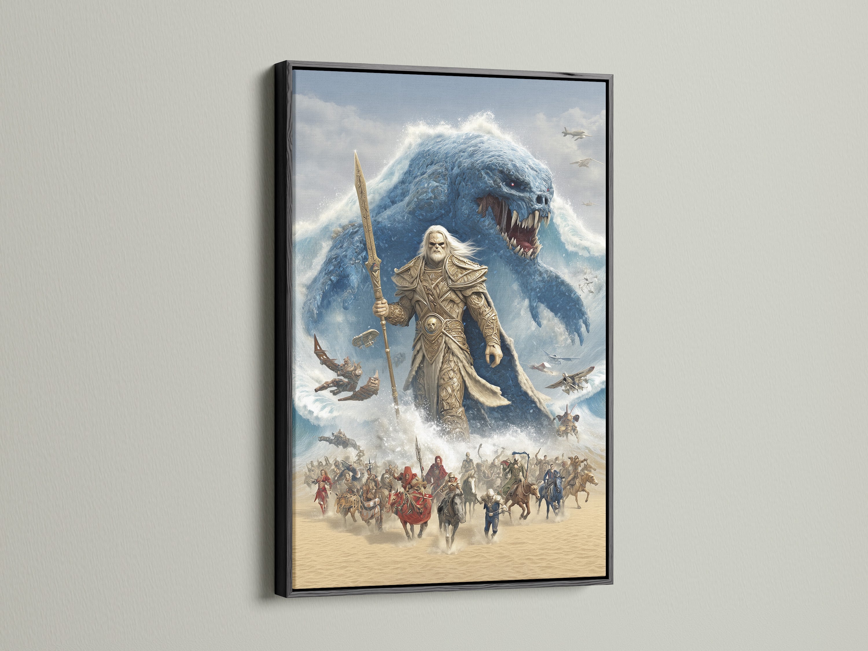 The epic fantasy art print is powerfully displayed in a sleek black frame. The black frame accentuates the dramatic contrast of the battle scene. An ancient warrior faces a monstrous sea creature in this gaming wall art. Perfect for creating a bold statement in your home decor.