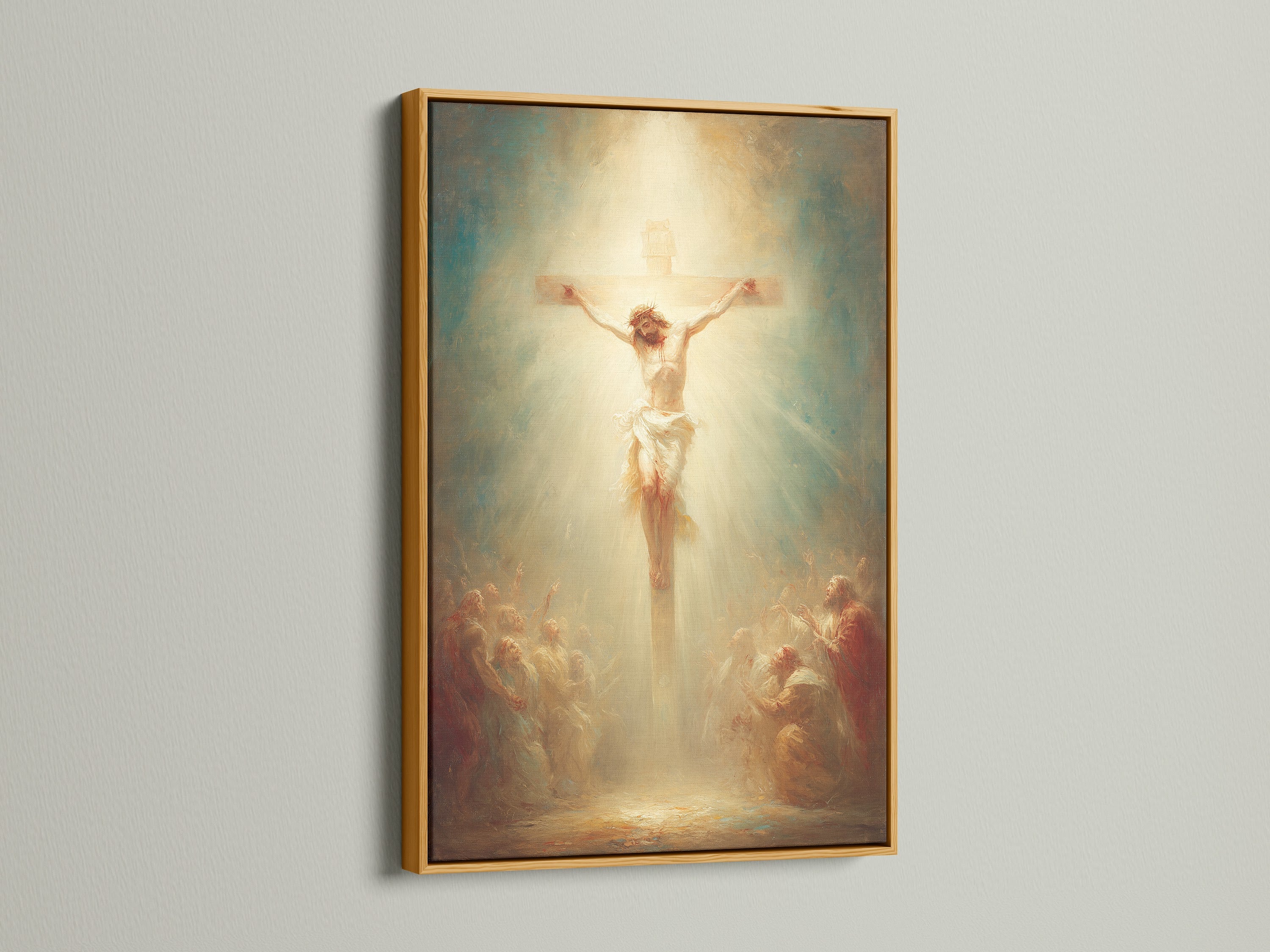 This artwork features Jesus on the cross. It is luxuriously showcased in a gold frame. Gold frames add a touch of elegance. They bring a touch of opulence to any artwork. Discover the allure of a gold frame in your home. Explore our gold frame options to elevate your artwork. Make a statement with our exquisite gold frames.