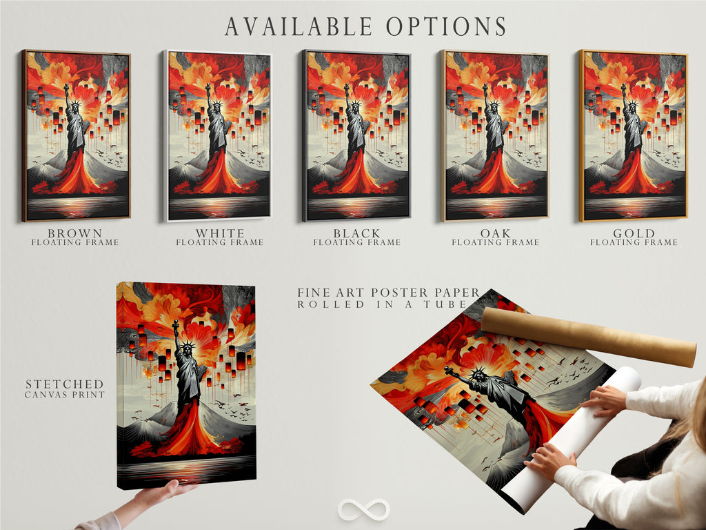 Available options for the Statue of Liberty artwork are displayed. Choose from a stretched canvas print a fine art poster paper or a floating frame. Customize your artwork to fit your style and decor needs. Elevate your space with modern American artwork.