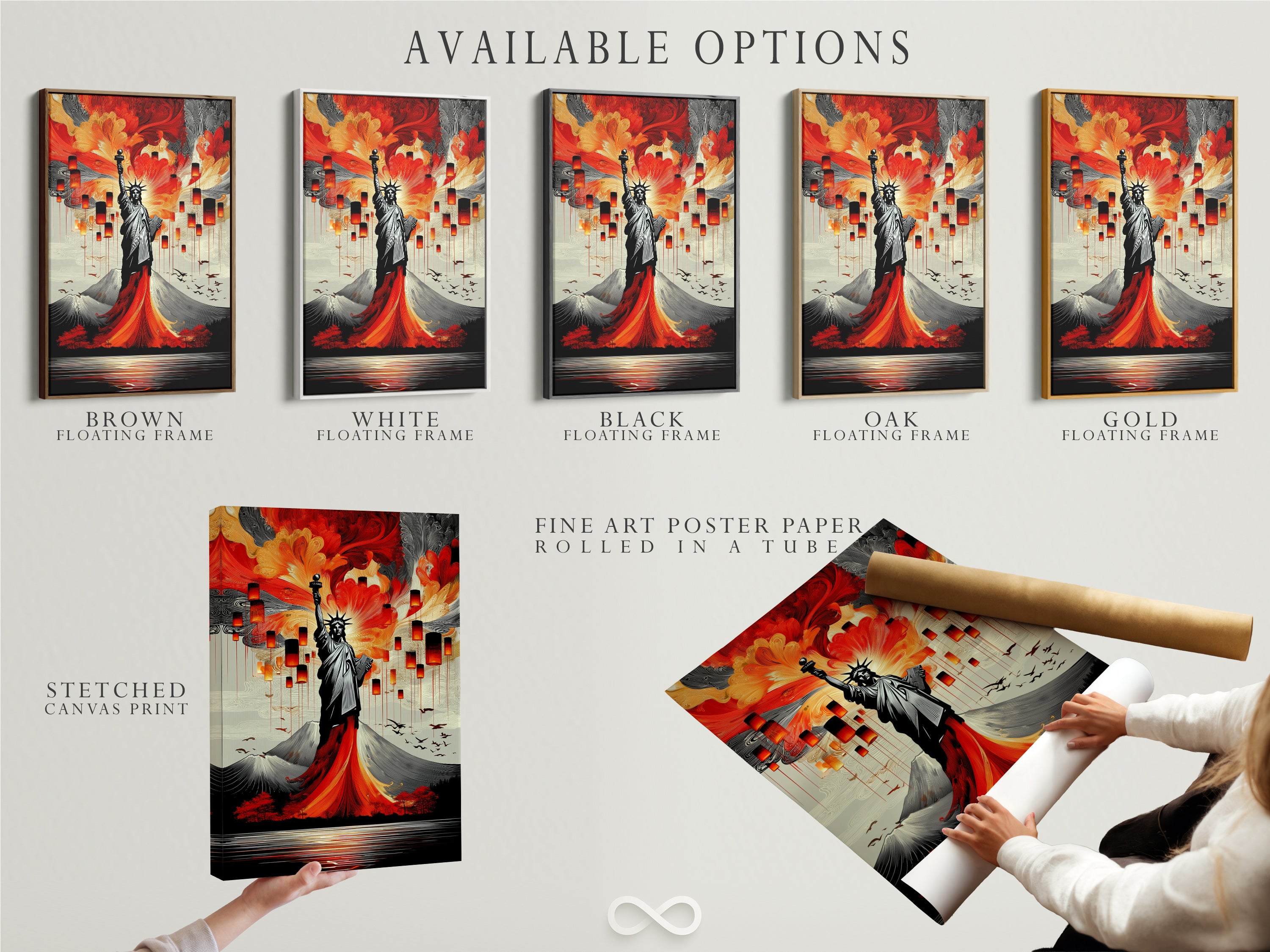 Available options for the Statue of Liberty artwork are displayed. Choose from a stretched canvas print a fine art poster paper or a floating frame. Customize your artwork to fit your style and decor needs. Elevate your space with modern American artwork.