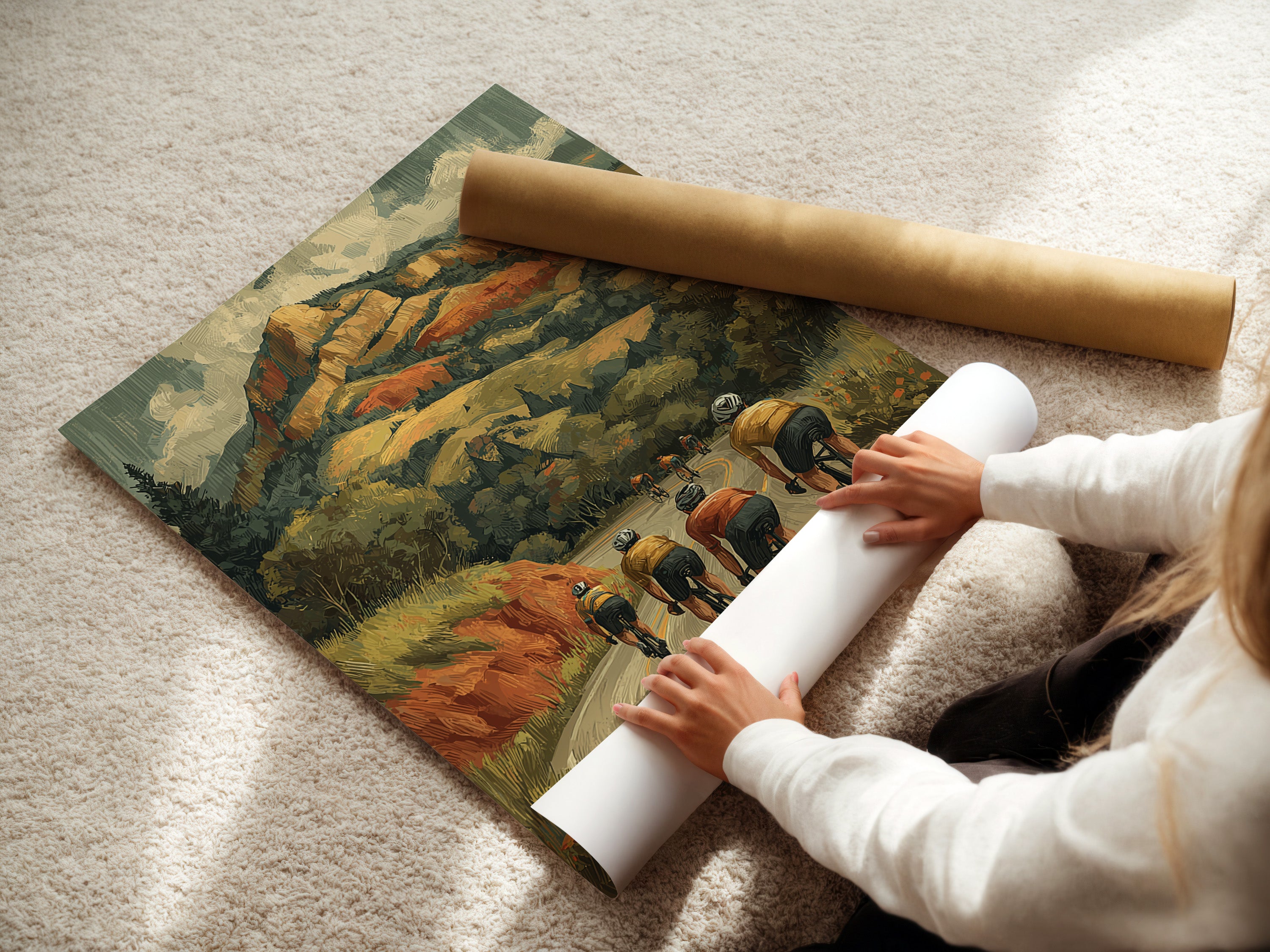 A woman carefully rolls fine art poster paper. Preparing a cycling wall art print. This vintage mountain bike artwork is ready to be framed. Ideal for home or office decor. Discover our collection of cycling posters