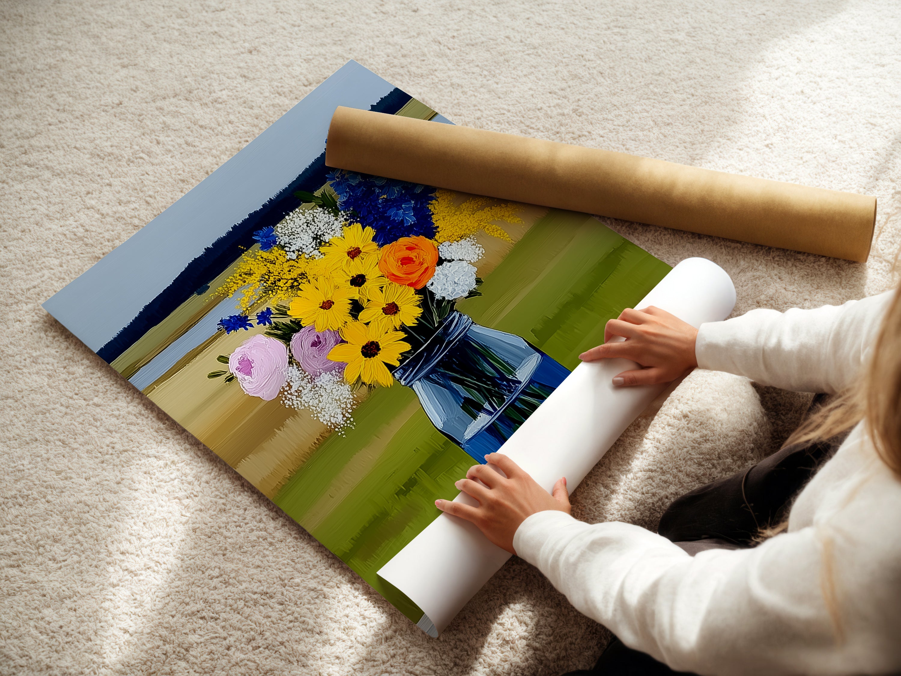 A woman is carefully rolling a fine art poster paper. The poster features a beautiful wildflower bouquet. This high-quality paper ensures the artwork looks stunning. Get ready to elevate your wall decor.