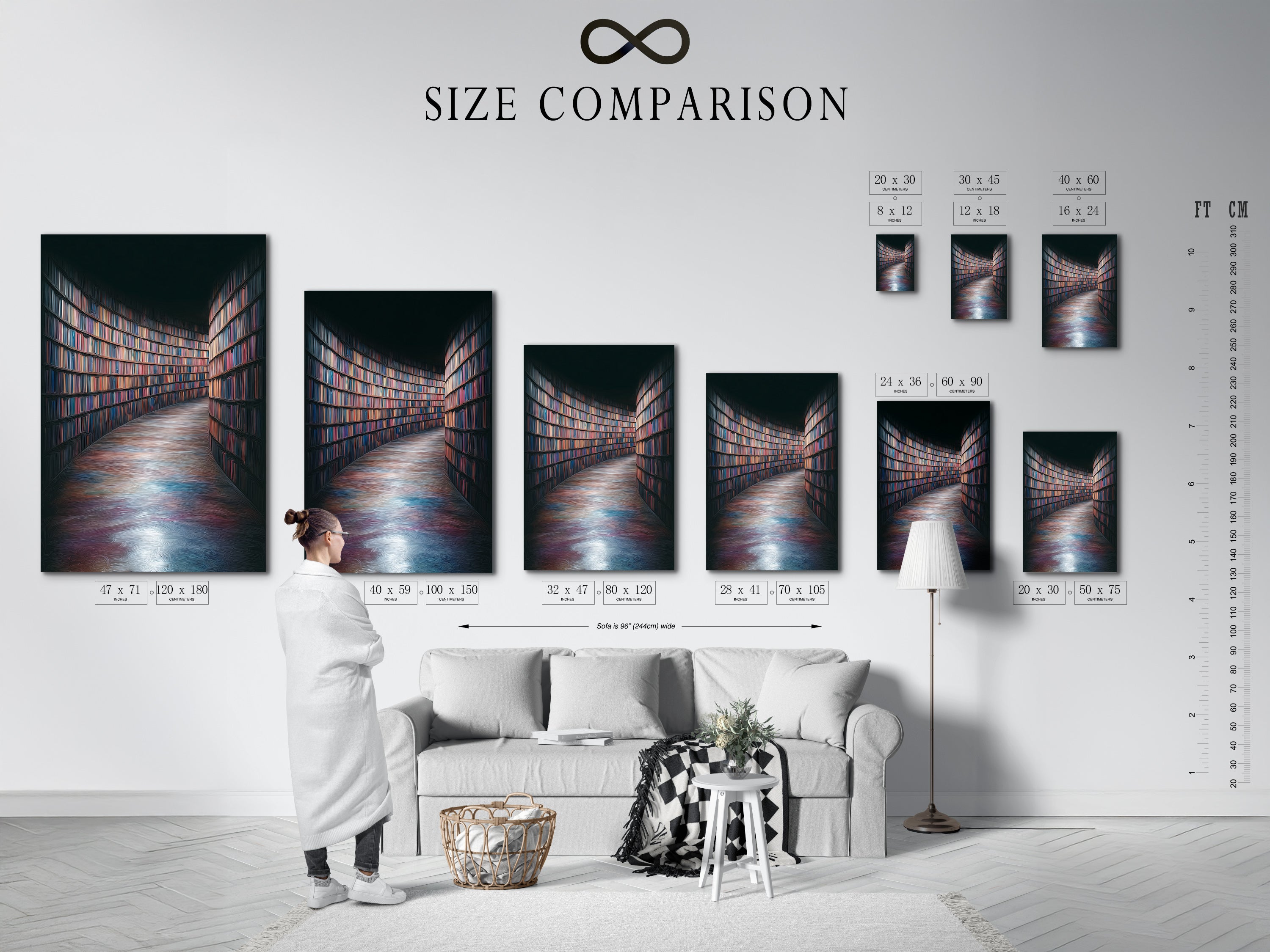 A size comparison chart is displayed in an interior setting. Various dimensions of library bookshelf art prints are shown. Choose the perfect size to fit your space. Ideal for planning your study wall decor. This guide helps you select the best academia artwork. Find the right fit for your home.