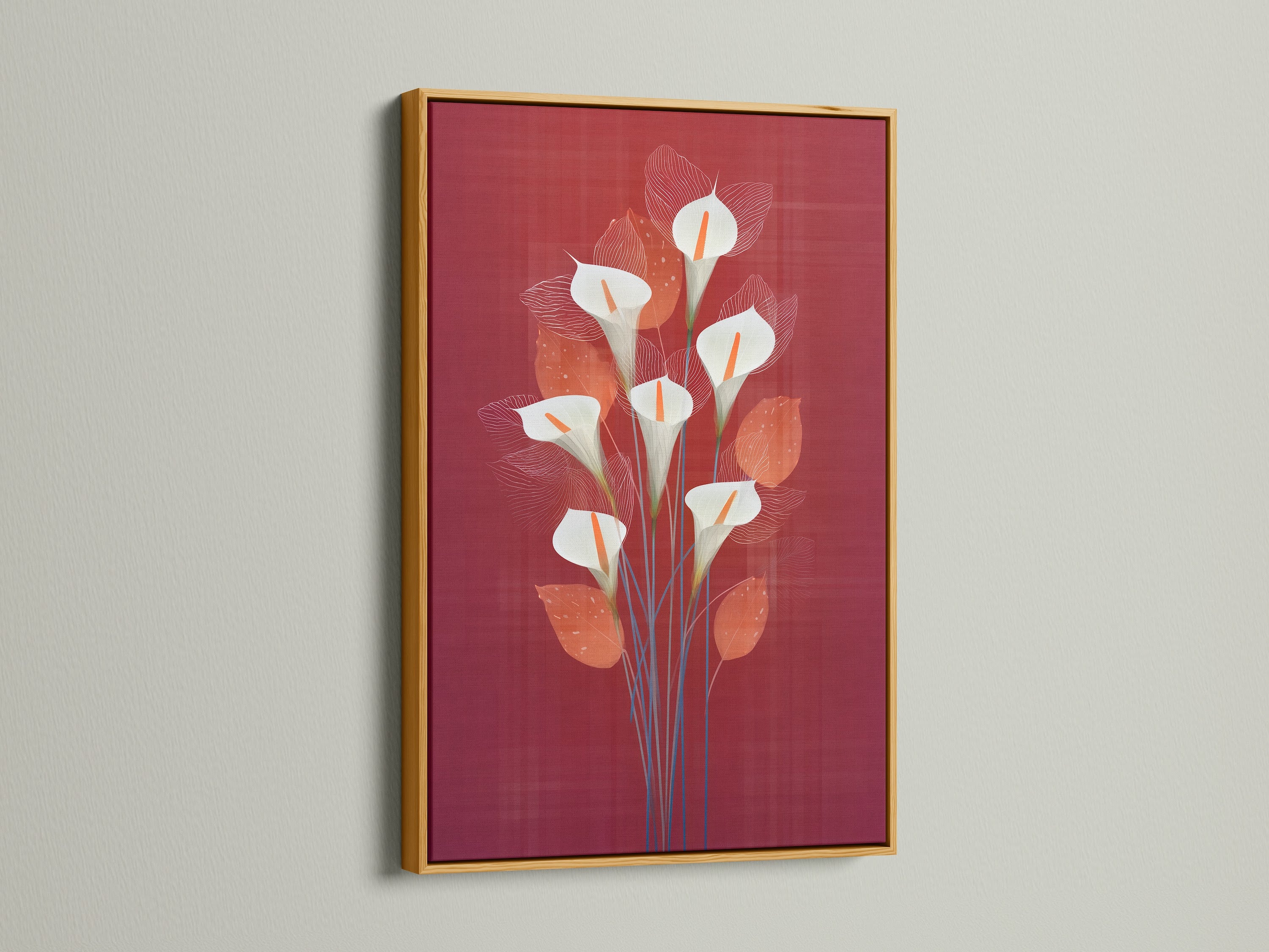 The calla lily artwork is displayed in a gold frame. The gold frame adds a touch of elegance to this floral artwork. Consider it for a luxurious botanical poster display. Perfect for creating eye-catching flower wall decor.