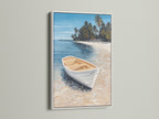Tropical beach canvas artwork with a white boat in a white frame. This coastal artwork adds a serene touch to your home. Perfect for beach houses. This seascape painting brings the ocean indoors. Explore our nautical artwork collection. Feel the vacation vibes.
