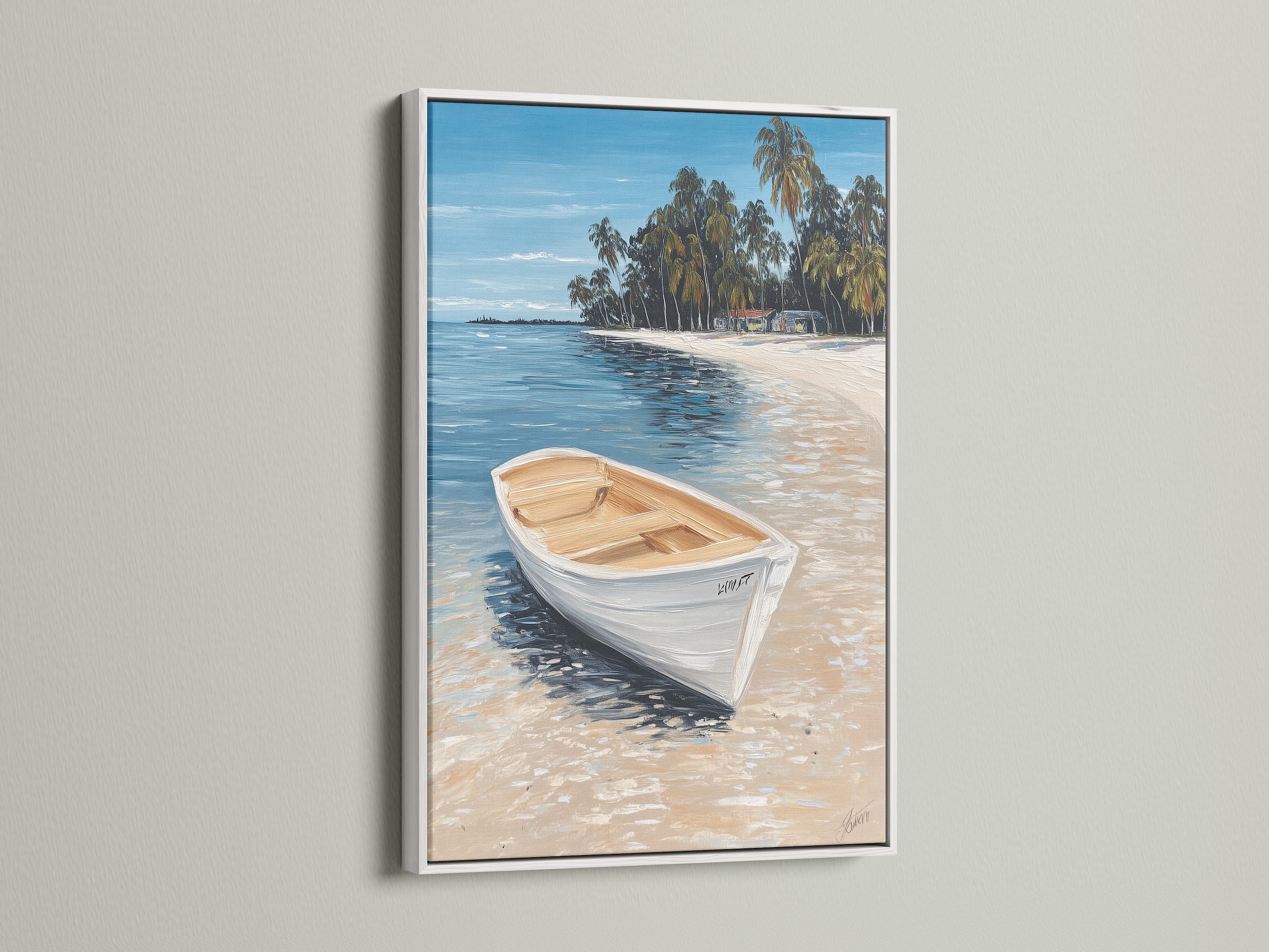 Tropical beach canvas artwork with a white boat in a white frame. This coastal artwork adds a serene touch to your home. Perfect for beach houses. This seascape painting brings the ocean indoors. Explore our nautical artwork collection. Feel the vacation vibes.