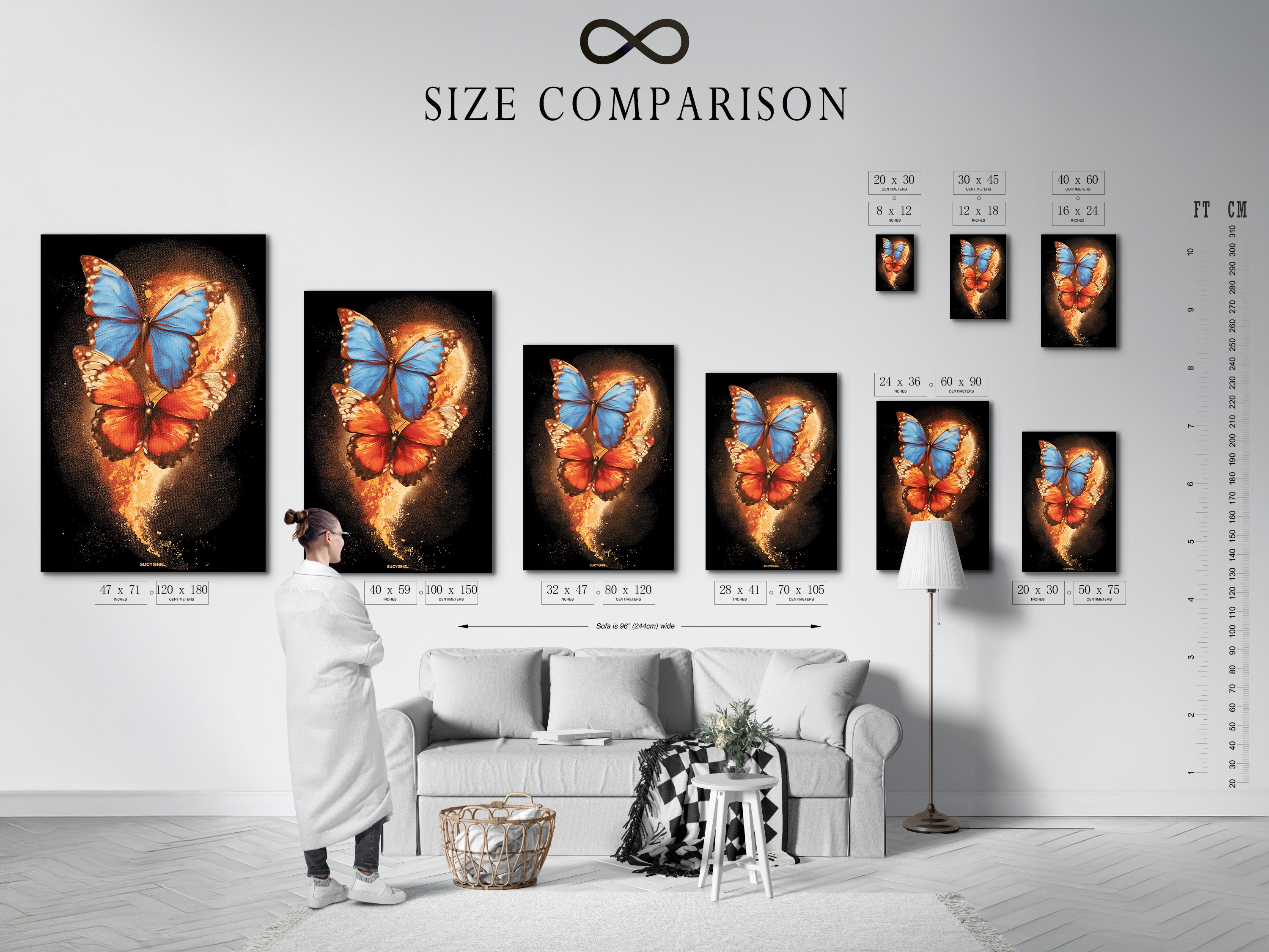 A size comparison chart is displayed in an interior setting. The butterfly canvas print shows various size options. This helps visualize the artwork in different spaces. Perfect for business owners decorating clinics or offices.