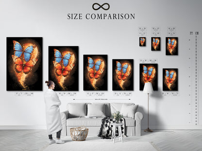 A size comparison chart is displayed in an interior setting. The butterfly canvas print shows various size options. This helps visualize the artwork in different spaces. Perfect for business owners decorating clinics or offices.