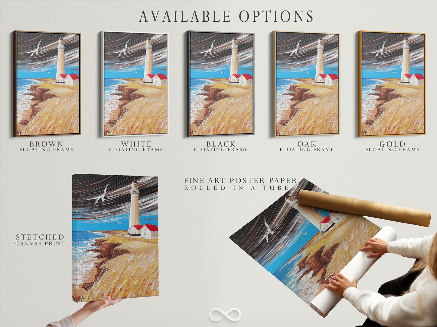Explore available options for lighthouse art. Choose a stretched canvas print. Opt for fine art poster paper. Select a floating frame to complete your coastal artwork. Nautical decor made easy.