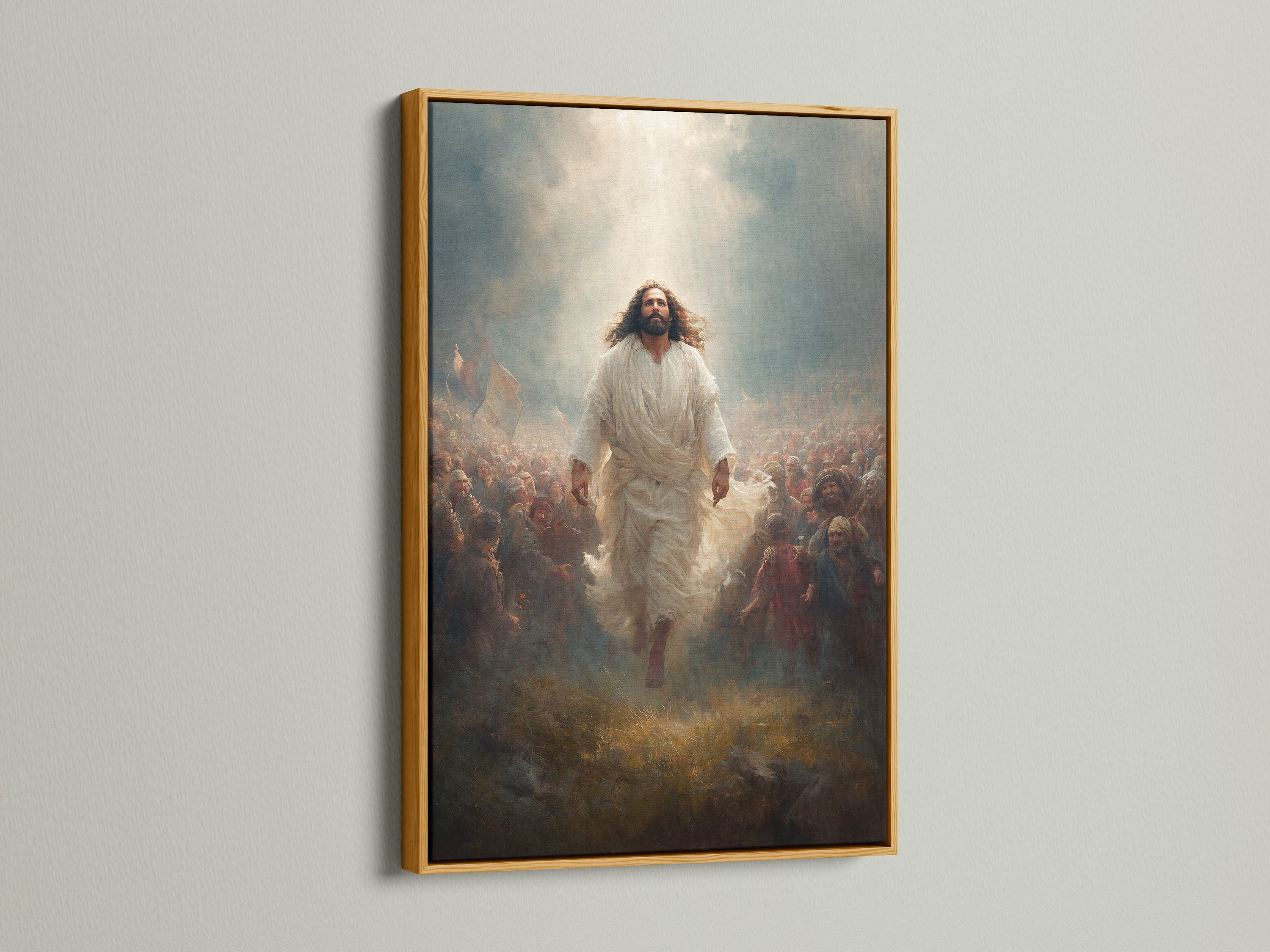 Bring a divine touch with Jesus Christ artwork in a gold frame. This christian wall art exudes elegance. Ideal religious decor for a traditional church office. A faith canvas print radiating spiritual artwork. Elevate Christian home decor.