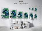 A size comparison chart is displayed in an interior setting. This helps visualize the scale of the horse art print. See how the abstract equestrian artwork fits your space. Choose the perfect size for your wall decor.