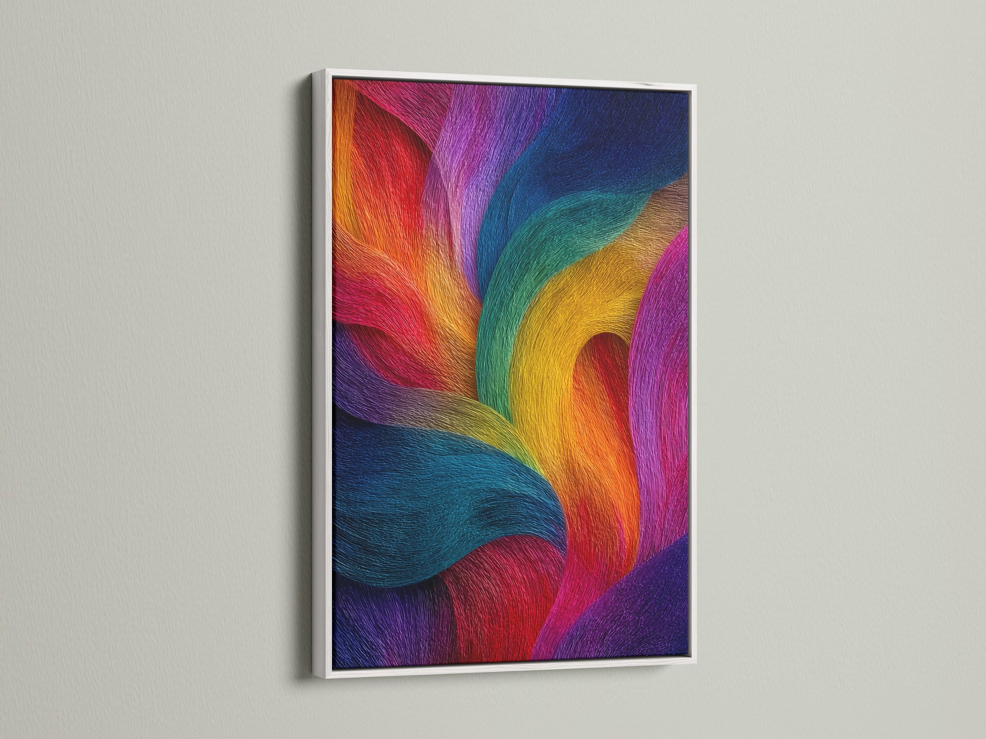 The artwork is elegantly displayed in a white frame. The bright white finish offers a clean and modern aesthetic. The frame enhances the artwork's details and vibrancy. White frames provide a versatile backdrop. It allows the art to truly stand out. A perfect choice for contemporary spaces.