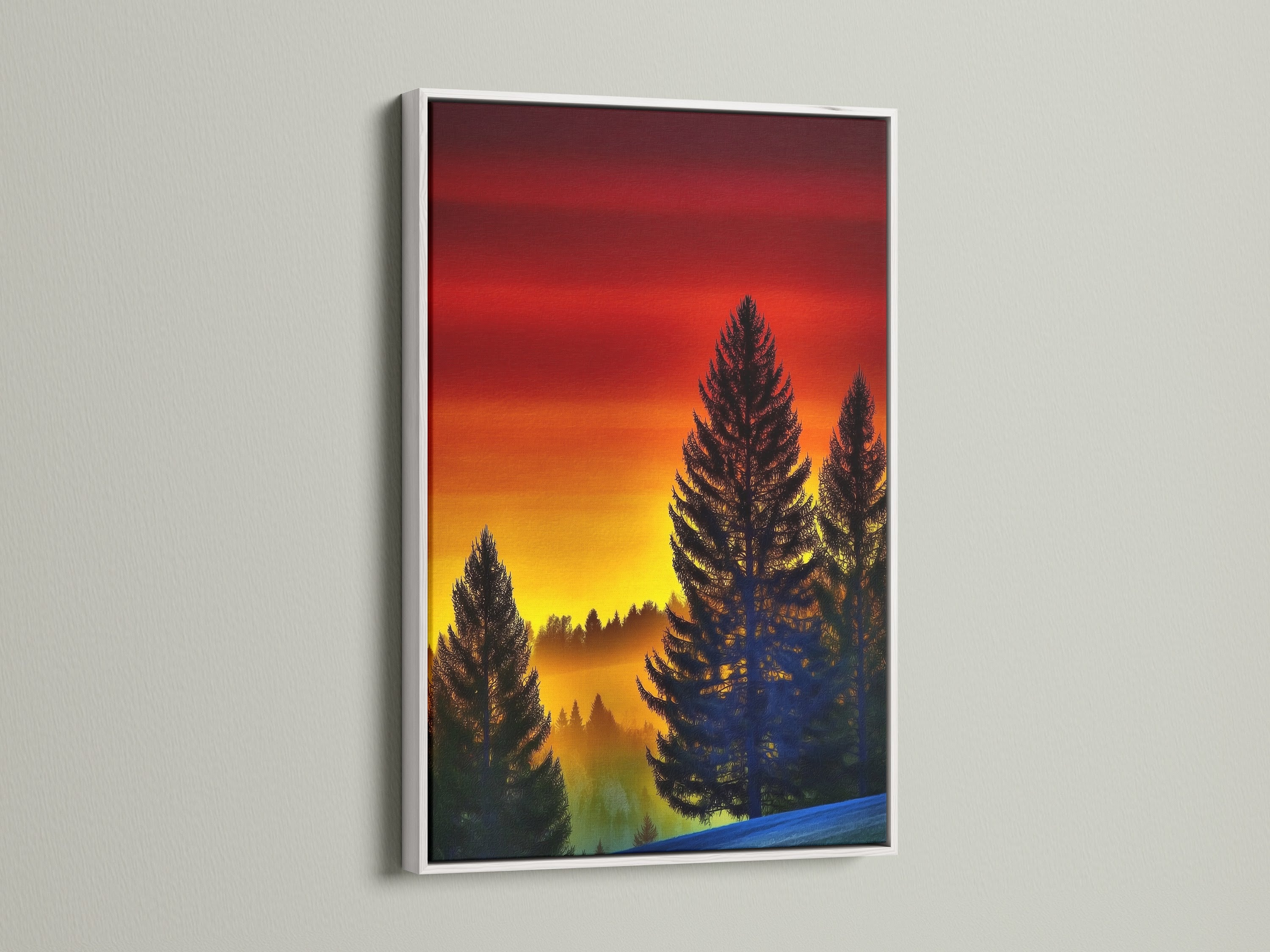 A vibrant nature artwork in a white frame. The forest sunset canvas print adds a pop of color to any room. The pine tree art creates a serene atmosphere perfect for bedroom decor. This landscape print enhances modern and traditional spaces. Enjoy the beauty of nature indoors.