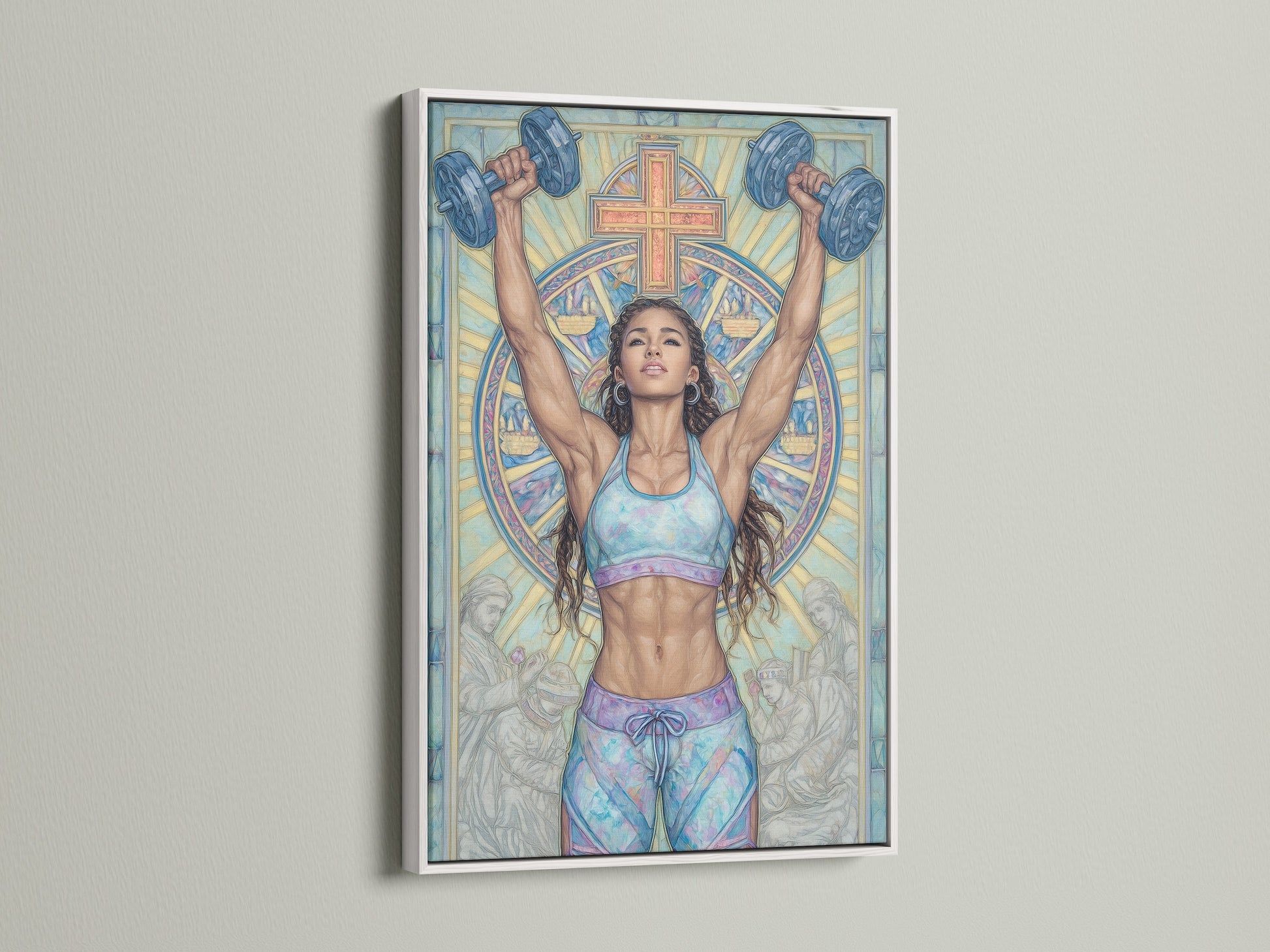 Christian Gym Wall Art in a white frame. This motivational artwork features a woman lifting weights. A cross and stained glass design are in the background. Perfect spiritual workout canvas for home gym decor. Great as faith wall decor.