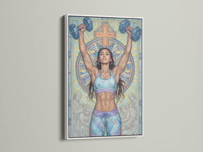 Christian Gym Wall Art in a white frame. This motivational artwork features a woman lifting weights. A cross and stained glass design are in the background. Perfect spiritual workout canvas for home gym decor. Great as faith wall decor.
