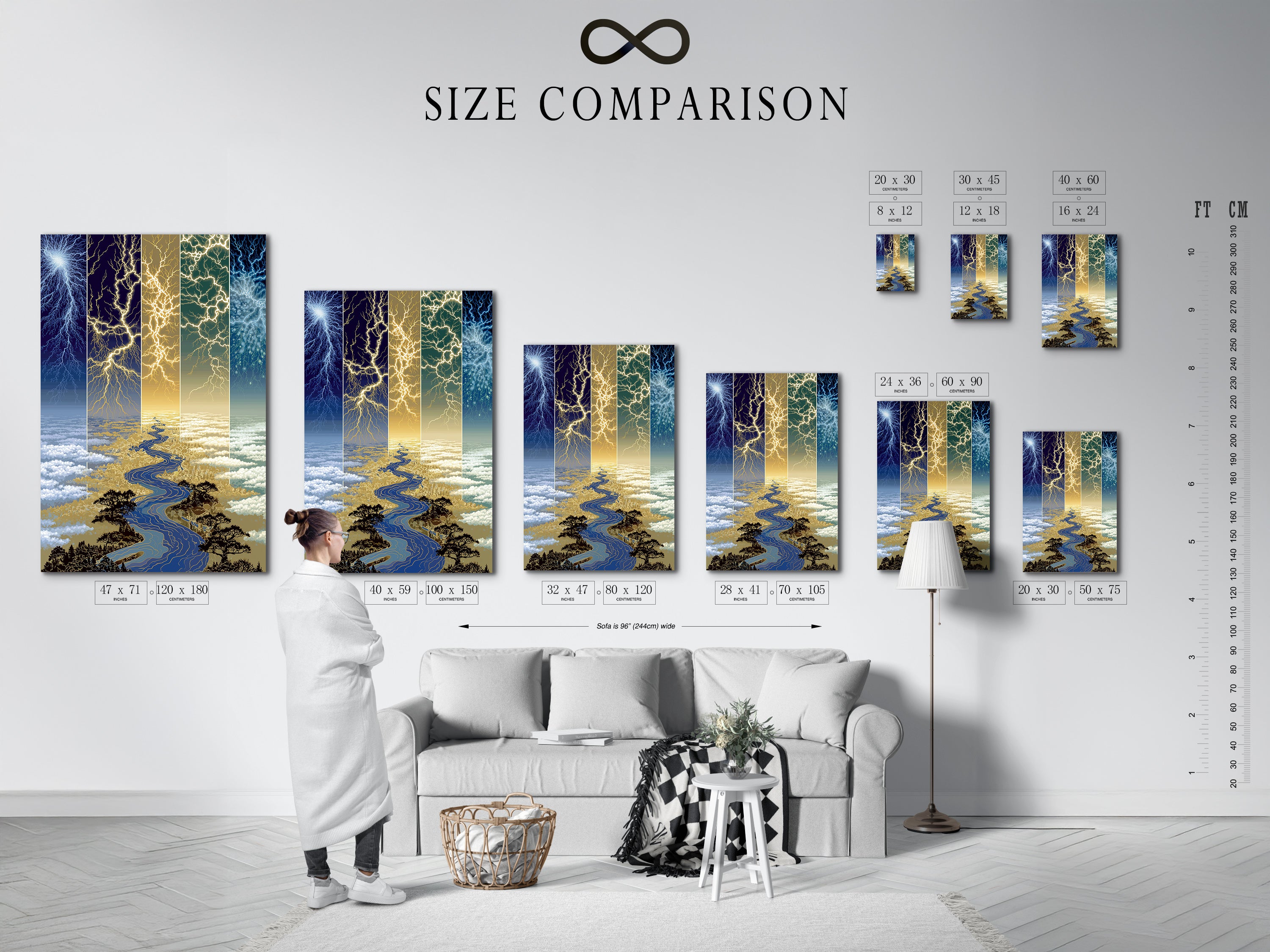 A size comparison chart is displayed in an interior setting. It showcases the Lightning River canvas artwork in various sizes. This helps you visualize the perfect fit for your space. Find the ideal size for your living room bedroom or office wall.