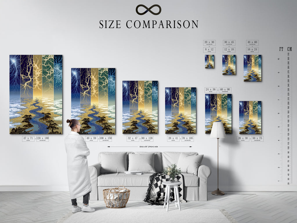 A size comparison chart of the Lightning River artwork is shown in an interior setting. See how different sizes of the artwork fit in your space. Consider this piece for living room wall art or office wall art.
