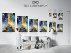 Size comparison chart in an interior setting. The Lightning Storm canvas print is shown in various sizes. Visualize how this electric sky art will look in your space. Find the perfect size for your wall decor.