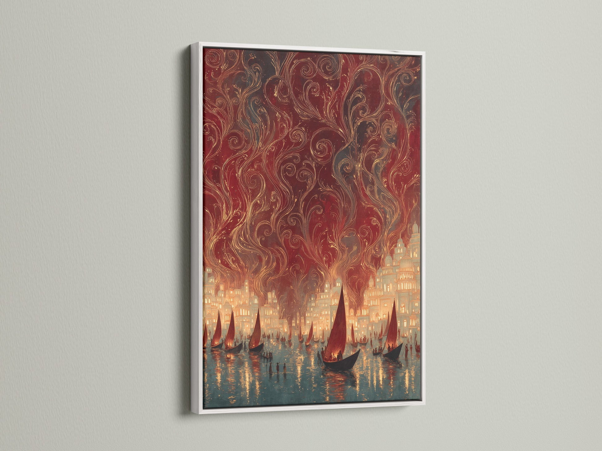 A white frame showcases a vintage harbor canvas print. The nautical city lights poster features sailing ships. This maritime artwork enhances any space. Its coastal style blends seamlessly with eclectic and modern themes.
