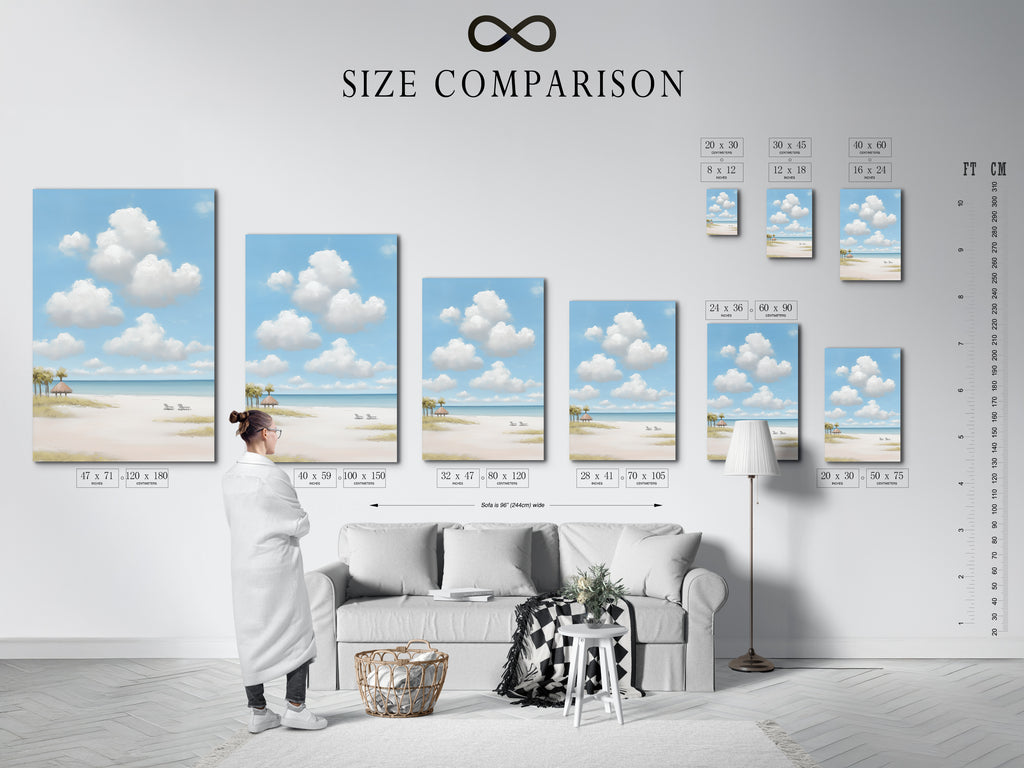 Size comparison chart in an interior setting. See how different sizes fit your space. Find the perfect size for your beach scene artwork. Sizes for every room available.