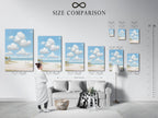 Size comparison chart in an interior setting. See how different sizes fit your space. Find the perfect size for your beach scene artwork. Sizes for every room available.