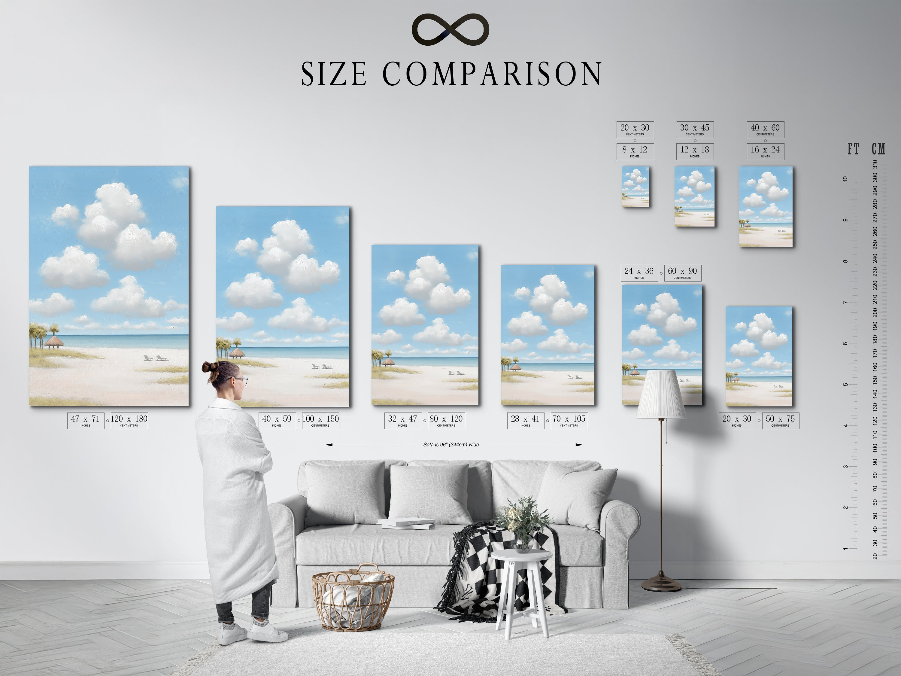 Size comparison chart in an interior setting. See how different sizes fit your space. Find the perfect size for your beach scene artwork. Sizes for every room available.