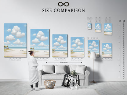 Size comparison chart in an interior setting. See how different sizes fit your space. Find the perfect size for your beach scene artwork. Sizes for every room available.