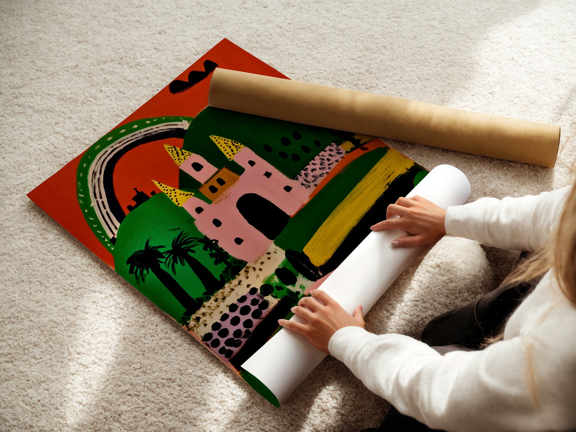 A woman carefully rolls a fine art poster paper. Preparing a whimsical castle art print. This colorful landscape wall decor is ideal for playroom decor. The vibrant pink and green artwork will brighten any space.