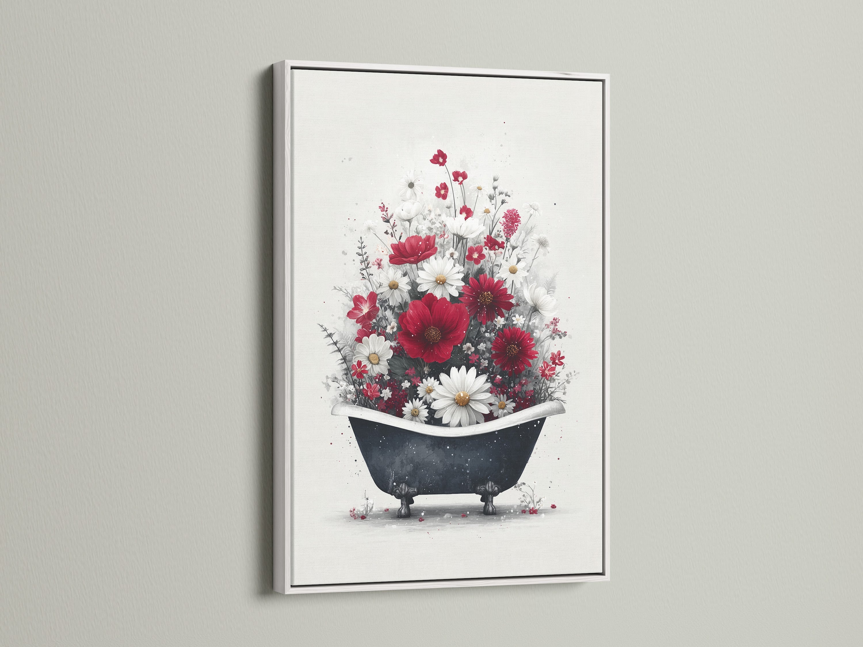 Floral bathtub artwork with a white frame on a clean white wall. The artwork features red and white flowers in a vintage bathtub. A white frame adds brightness and enhances the artwork's colors. Perfect farmhouse wall art for cottagecore style. Add a touch of vintage charm to your spa or bathroom.