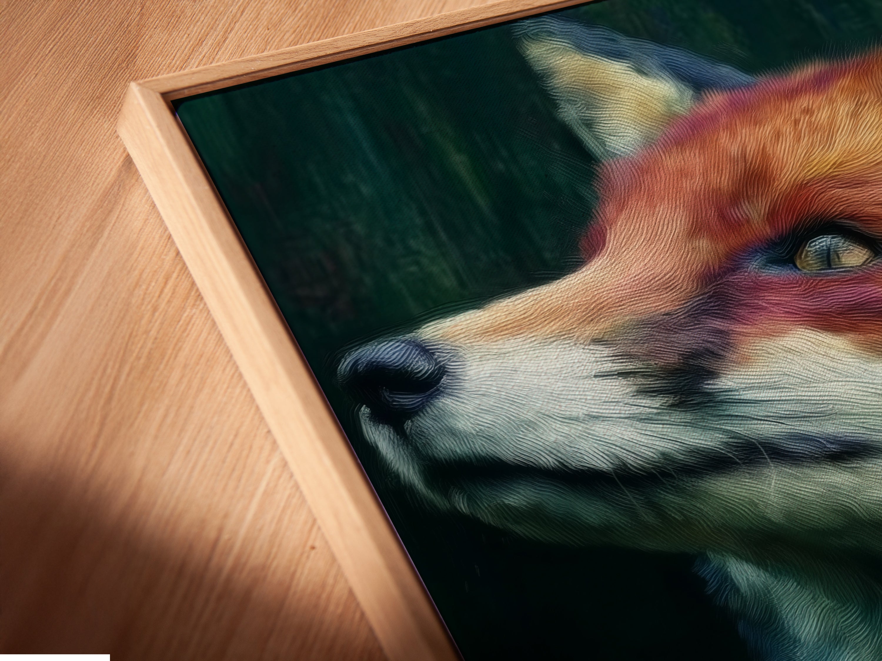 Close-up of a fox portrait canvas artwork in a floating frame. The floating frame enhances the depth and detail of the wildlife print. A modern way to display this colorful animal artwork in your home or office.