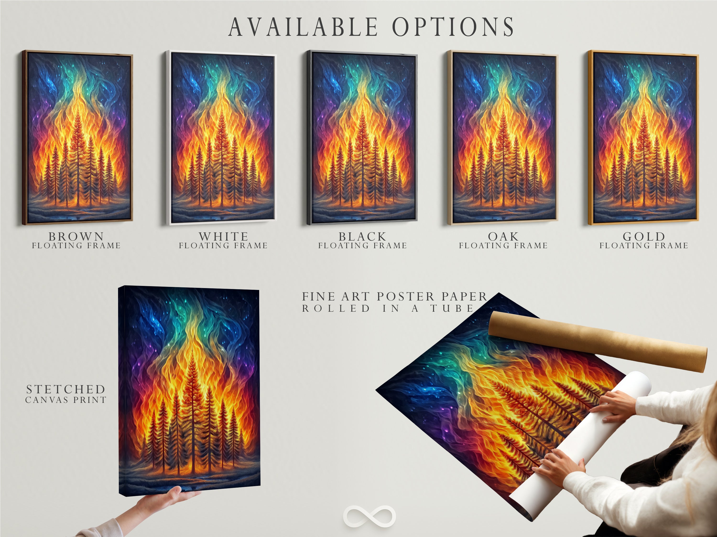 Available options for the Aurora Forest artwork include a stretched canvas print a fine art poster paper and a floating frame. Choose the perfect format for your home decor. The fantasy landscape wall art is vibrant. The colorful celestial tree artwork enhances any room.