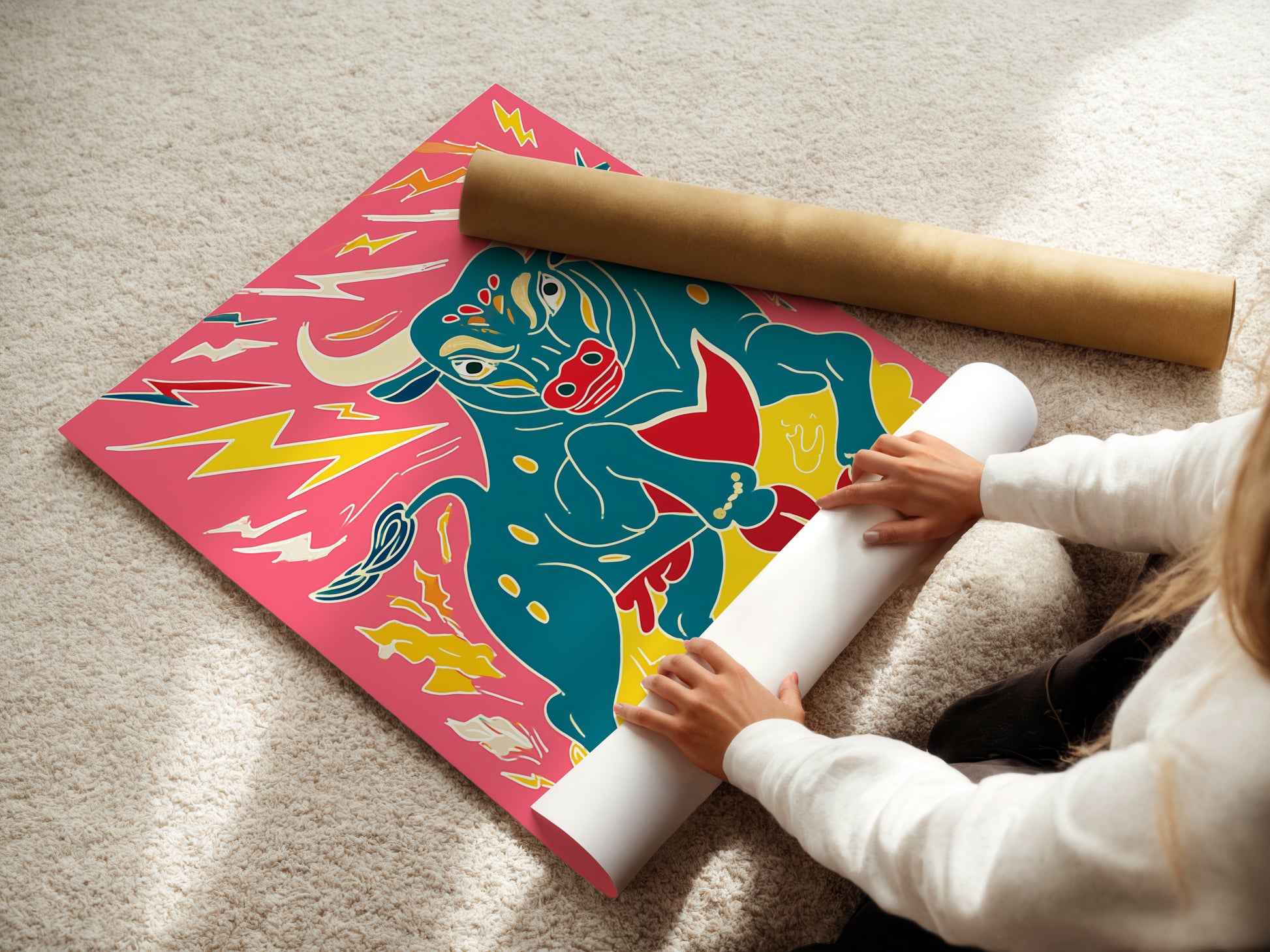 Woman carefully rolling a fine art poster paper. The bull artwork is ready for framing. The colorful animal print shows vibrant detail. It's perfect for pop art lovers. Get this maximalist decor for your home today.