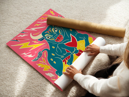 Woman carefully rolling a fine art poster paper. The bull artwork is ready for framing. The colorful animal print shows vibrant detail. It's perfect for pop art lovers. Get this maximalist decor for your home today.