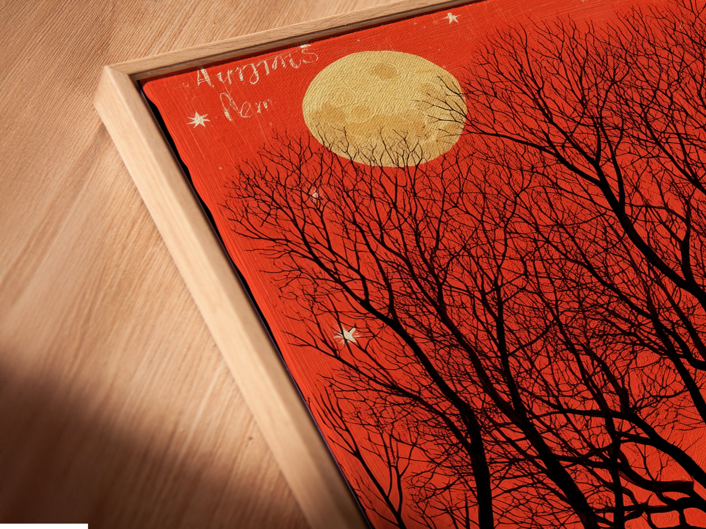 Close-up of a canvas print in a floating frame. The moonlit boat artwork is beautifully presented. The floating frame adds depth and dimension. The vintage nautical wall art is ready to hang and admire in your home or office.