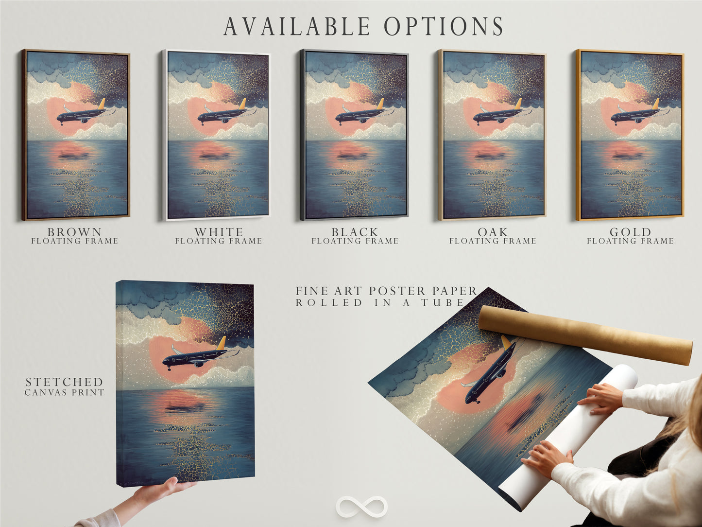 Explore our available options for airplane artwork. Choose from stretched canvas prints fine art poster paper. Consider a floating frame for a modern touch. Elevate your space with aviation and coastal style artwork. We offer modern prints in blue and orange.