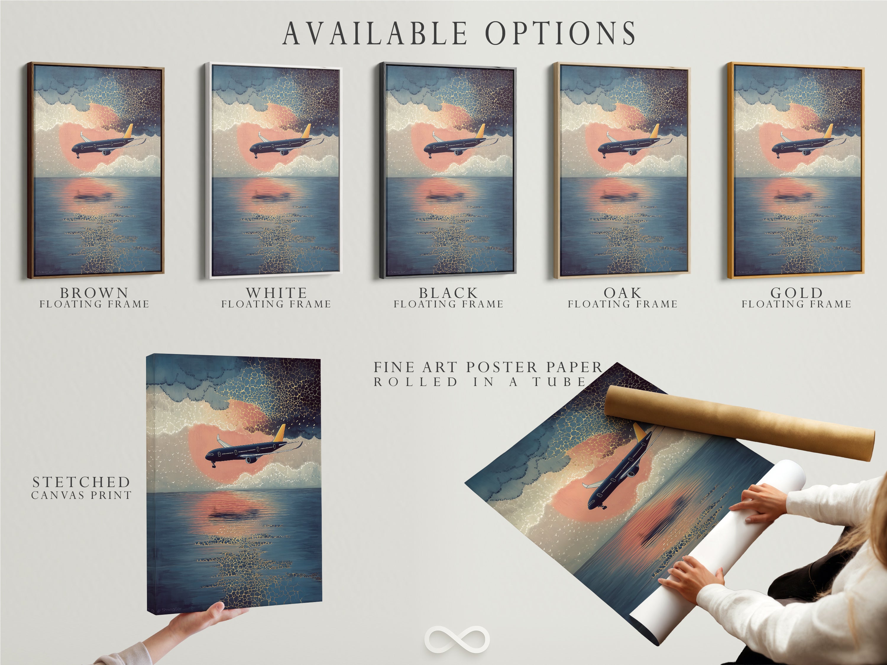 Explore our available options for airplane artwork. Choose from stretched canvas prints fine art poster paper. Consider a floating frame for a modern touch. Elevate your space with aviation and coastal style artwork. We offer modern prints in blue and orange.