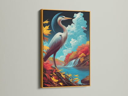 Elevate your wall art with a gold frame around this heron print. The metallic finish complements the teal blue waterfall and autumn landscape. Ideal for adding a touch of luxury to your decor.