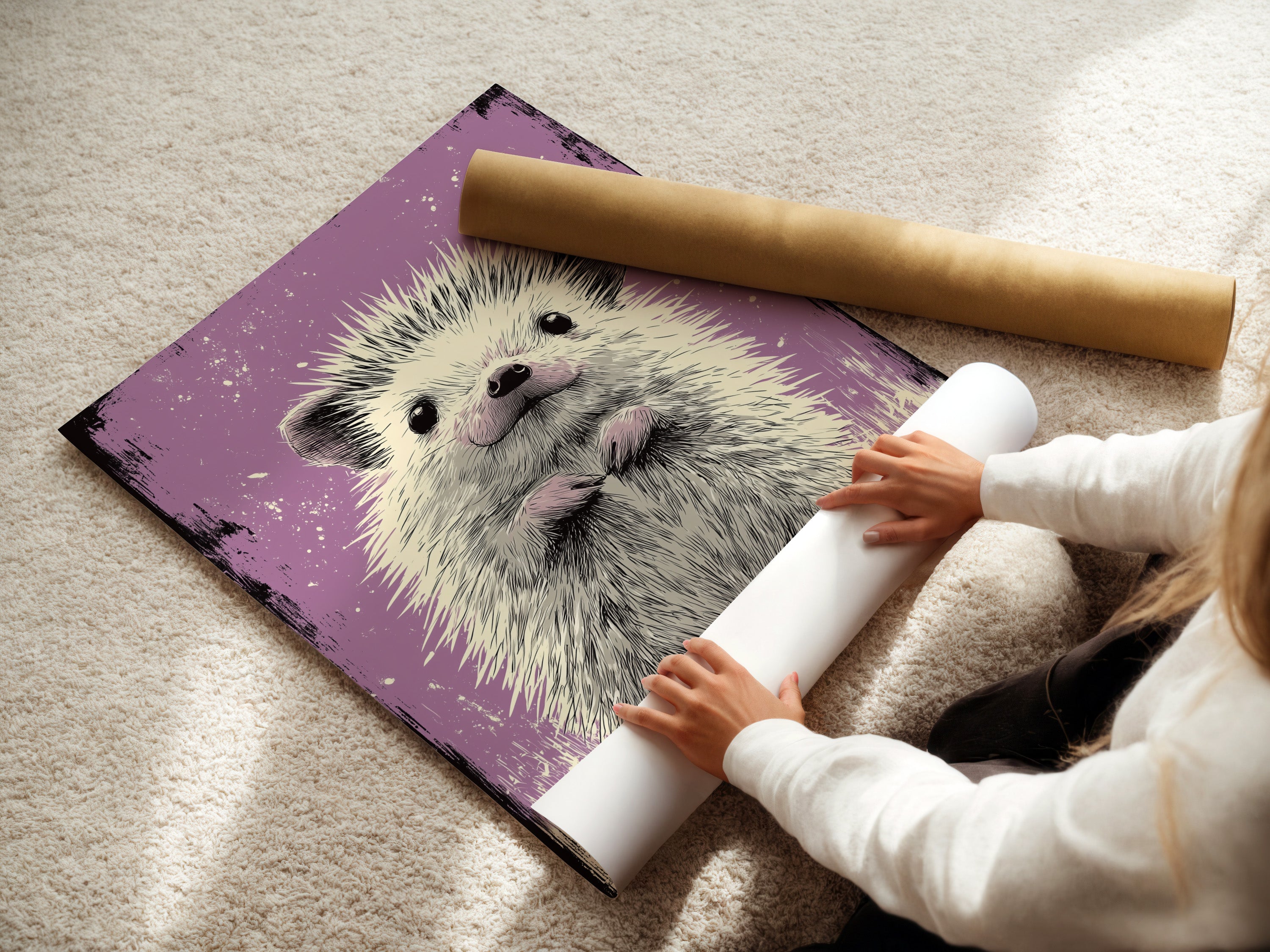 A woman is carefully rolling fine art poster paper. She handles the material with precision. This shows the care in preparing art prints. High-quality paper ensures vibrant colors. The rolled poster is ready for framing. Attention to detail matters.