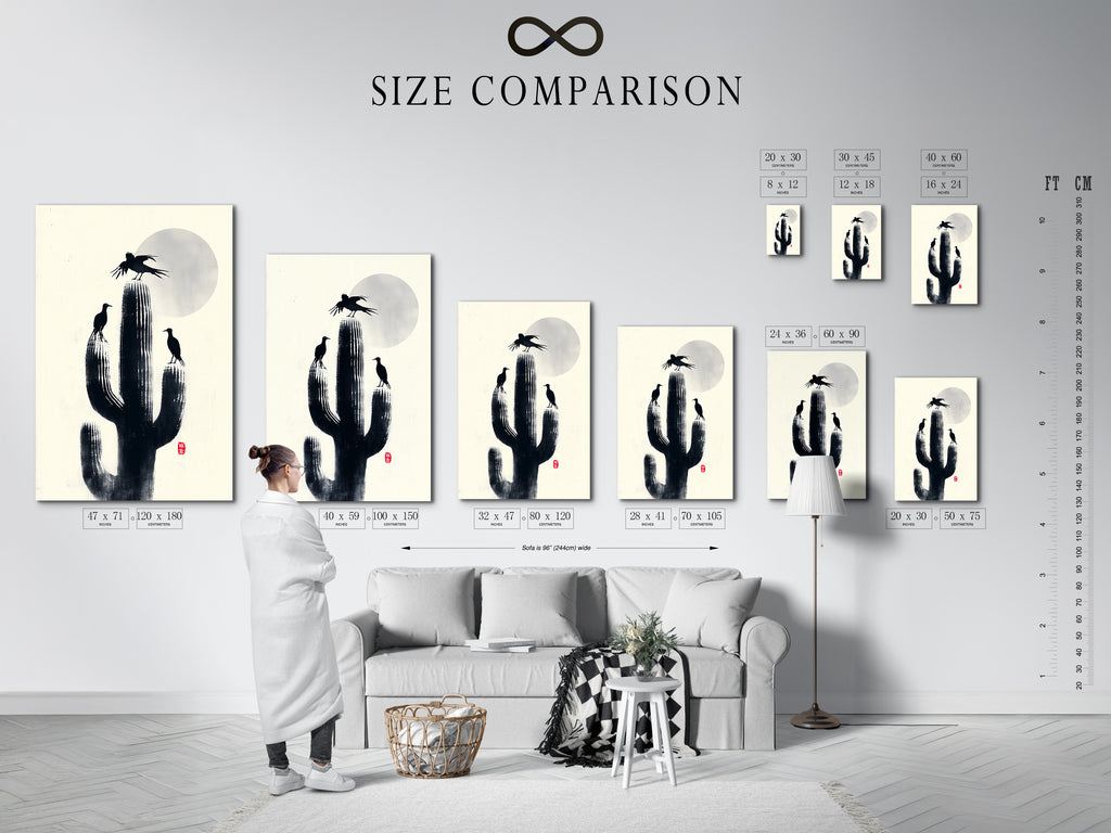 Size comparison chart in an interior setting featuring the Cactus Birds art. This desert silhouette artwork is perfect for a study room. Choose the ideal size for your nature canvas. Minimalist southwestern decor.