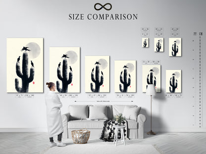 Size comparison chart in an interior setting featuring the Cactus Birds art. This desert silhouette artwork is perfect for a study room. Choose the ideal size for your nature canvas. Minimalist southwestern decor.