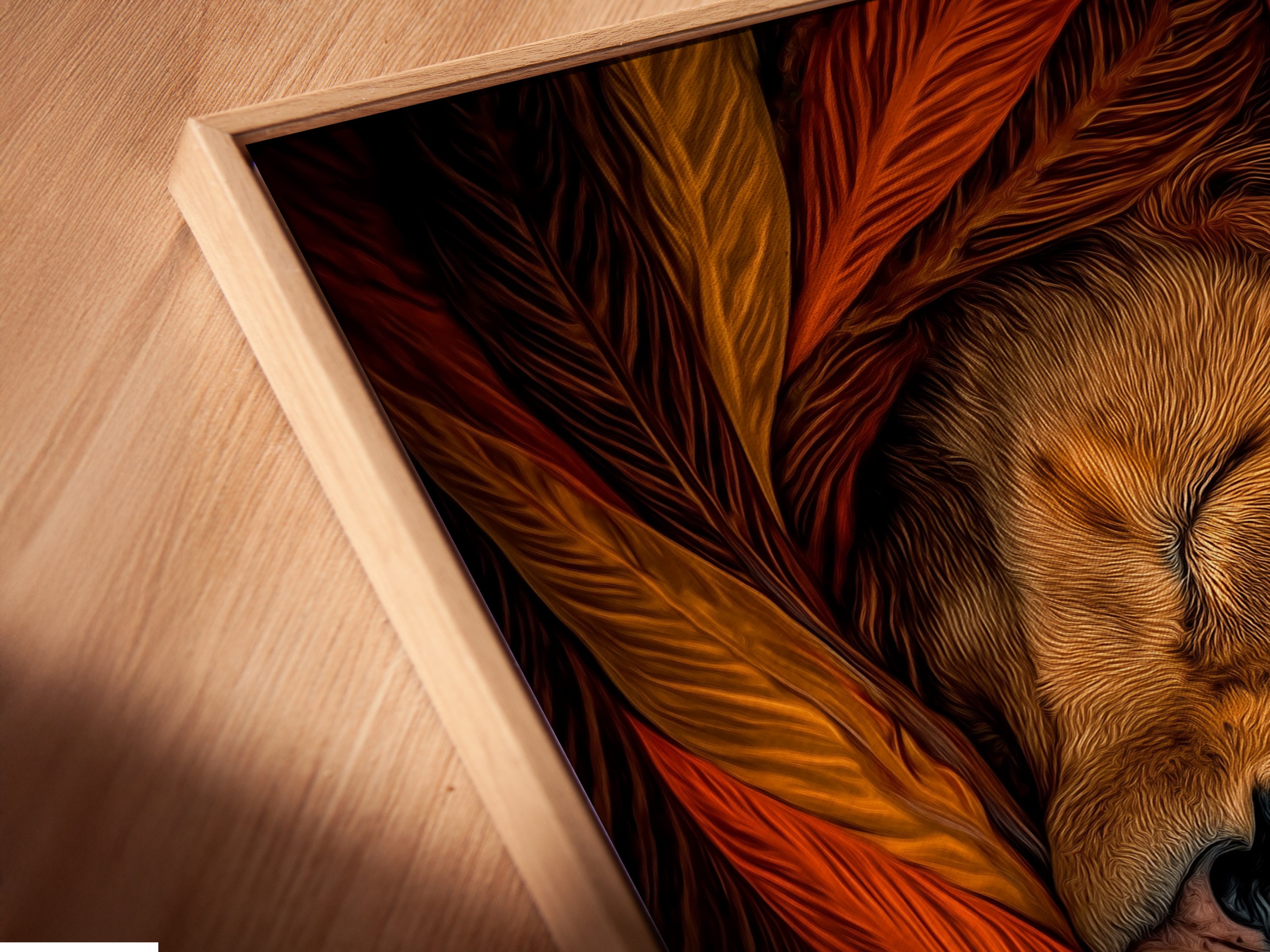 A close-up angled view reveals a canvas print in a floating frame. The sleeping lion artwork is beautifully displayed. The frame enhances the rustic earth tone decor. A perfect piece of animal wall art.