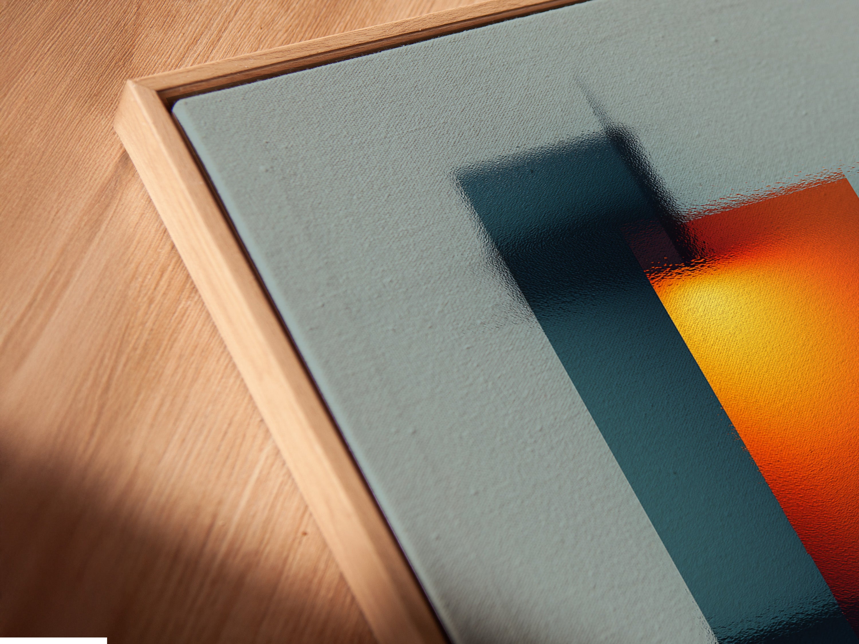 This is an angled close-up of a canvas print. It's displayed in a floating frame. The frame enhances the artwork without touching it. It creates a modern gallery look. Explore the unique appeal of floating frames.