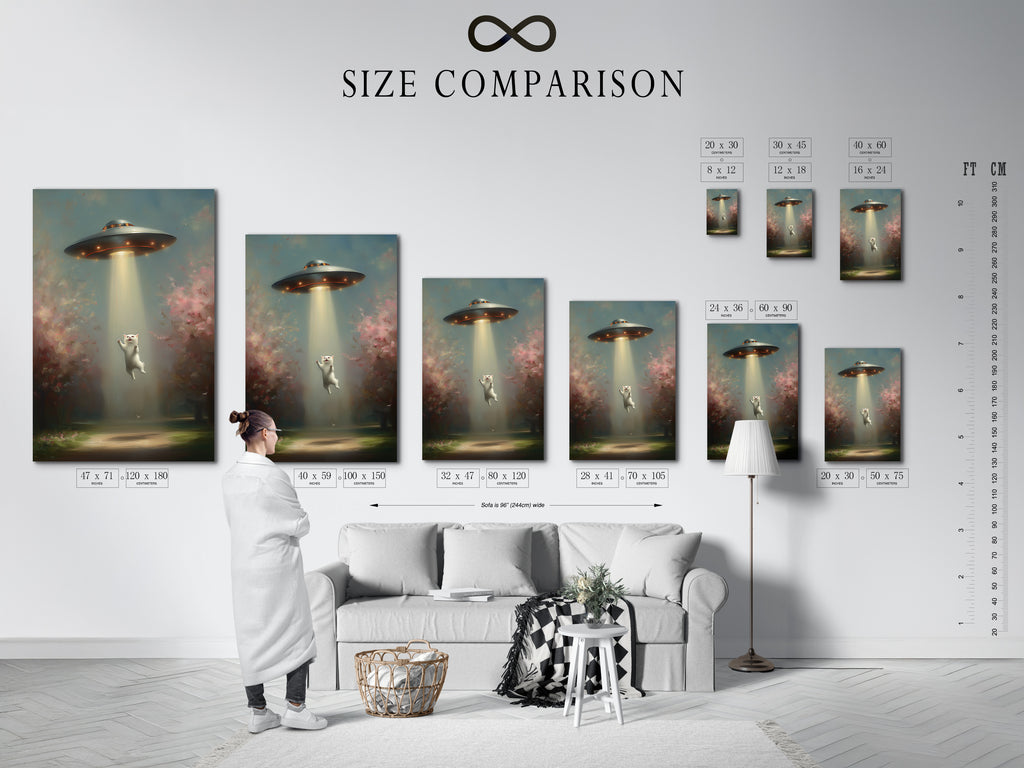 Size comparison chart in an interior setting. Visualize how the UFO Cat art fits in your space. Choose the perfect size for your living room bedroom or office wall.