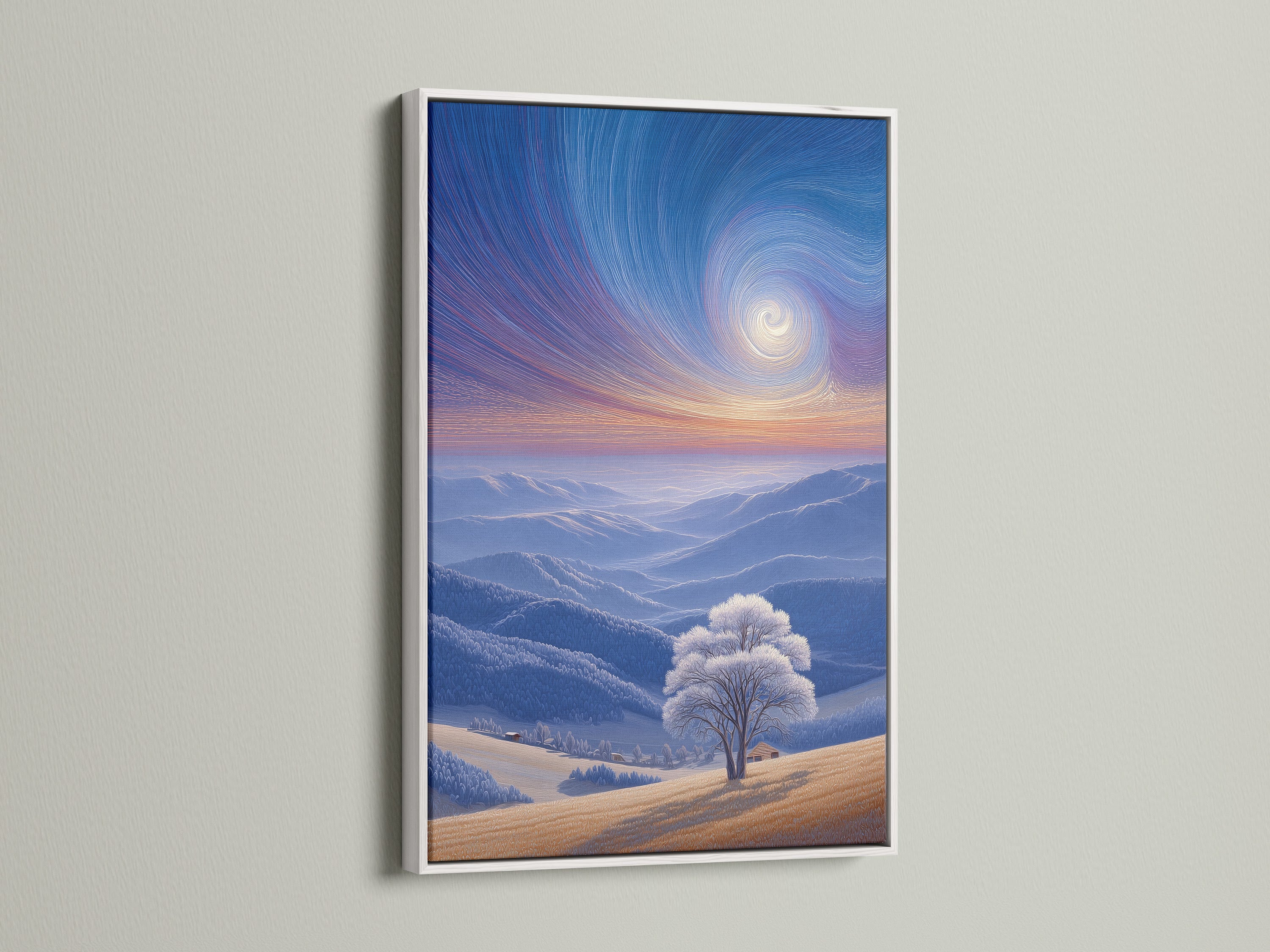 A white frame highlights a beautiful winter landscape art print. The clean white frame offers a modern look. It makes the colors of the artwork pop. This style is ideal for any contemporary space.