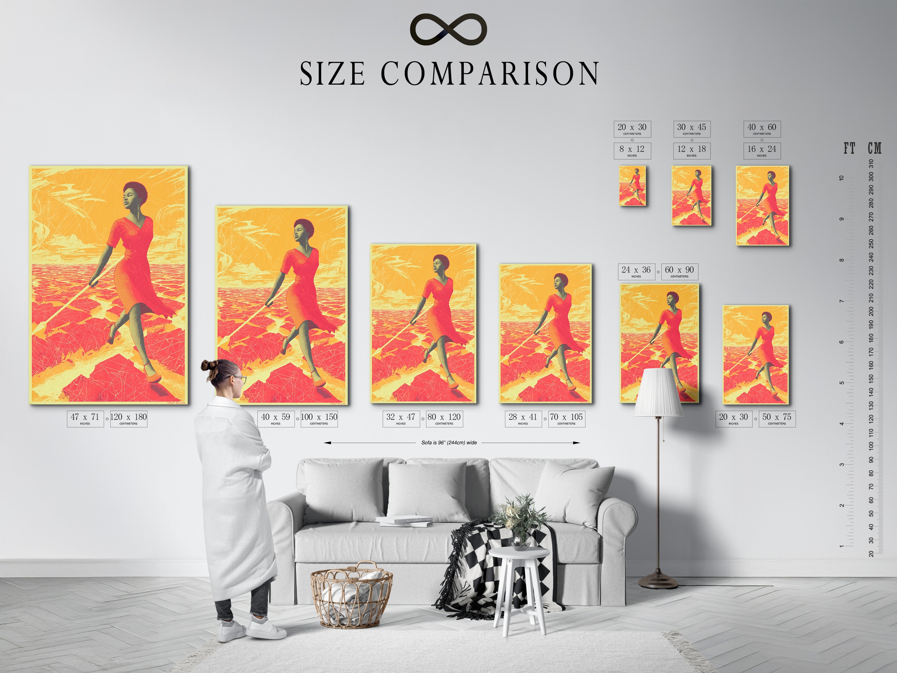 The size comparison chart is displayed in an interior setting. Showing the African Woman Art Print. See how this desert sunset canvas fits in your space. Perfect for planning your bedroom wall decor and living room art.