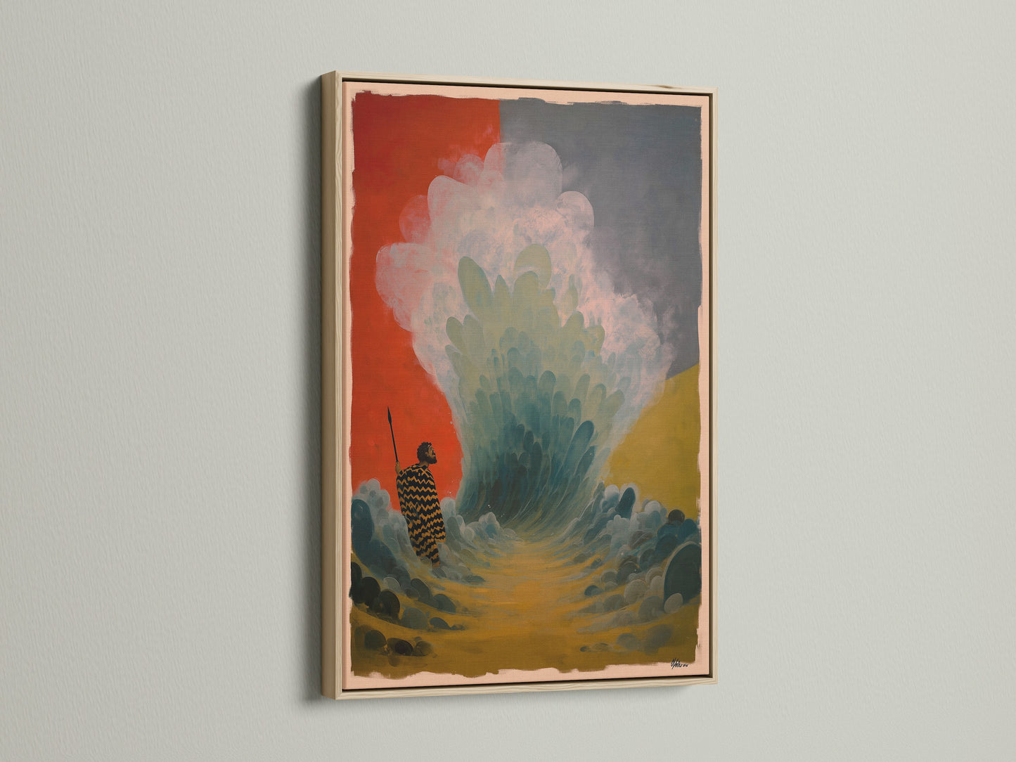 A captivating artwork is framed in oak. The artwork features a figure standing before a powerful wave. The oak frame enhances the artwork's beauty. Ideal for art collectors. Bring unique art into your home. This piece is sure to impress.