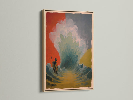 A captivating artwork is framed in oak. The artwork features a figure standing before a powerful wave. The oak frame enhances the artwork's beauty. Ideal for art collectors. Bring unique art into your home. This piece is sure to impress.