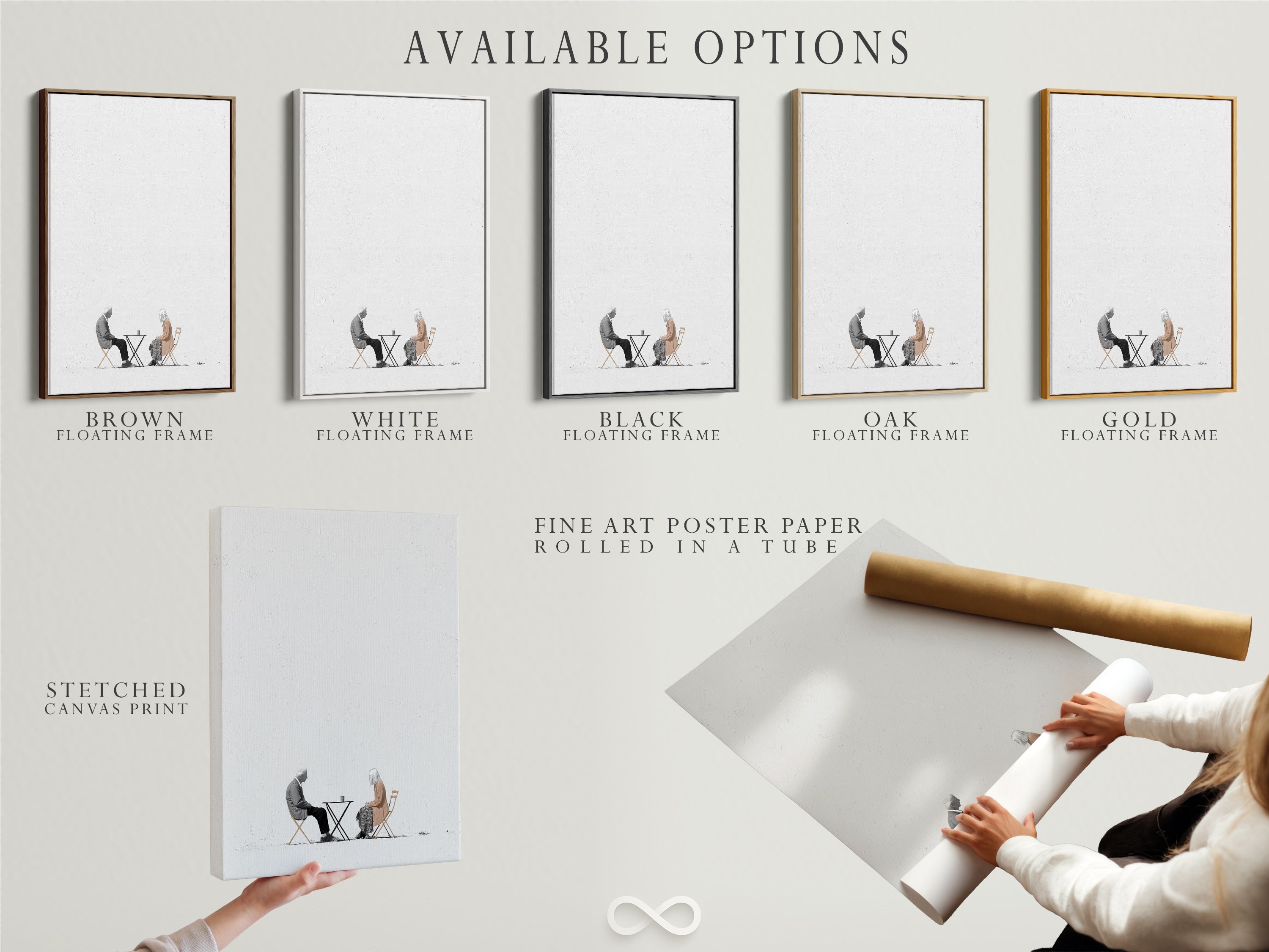 Explore our available options for this minimalist artwork. Choose from stretched canvas print fine art poster paper or a floating frame. Featuring an elderly couple art print. Customize your artwork to perfectly match your style. Enhance your home or business decor today.